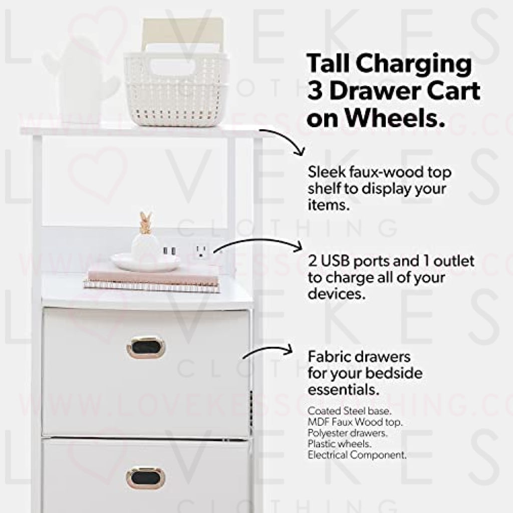 Dormify Storage Drawers Organizer on Wheels with Charging Station and USB Ports, Fabric Drawers for Clothes Storage Tower, Nightstand with Drawer Tower Organizer|Tall Skinny Dresser Closet| White/Grey