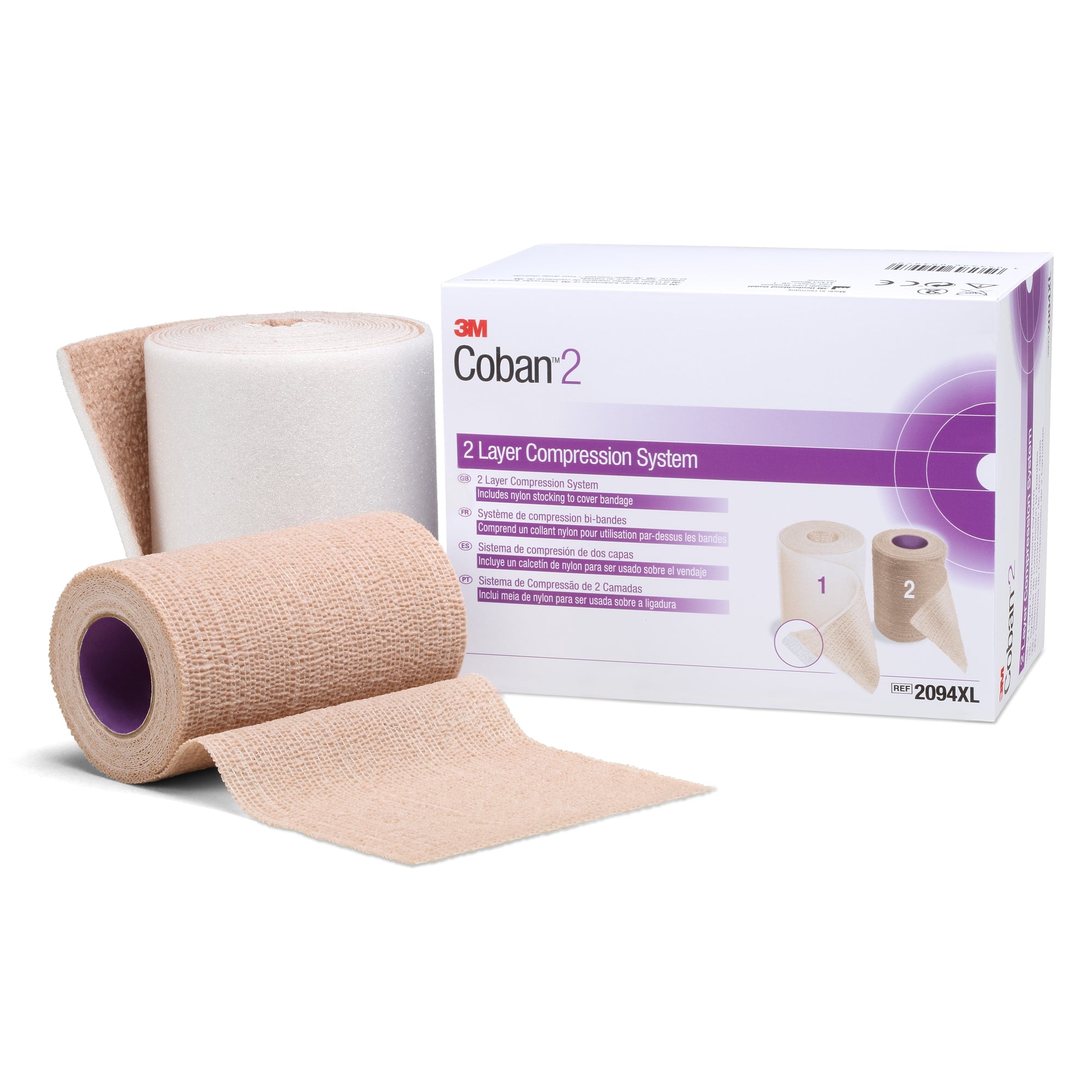 3M Coban 2 Two-Layer Compression Bandage System 2094XL - Self-Adherent / Pull On Closure, Tan / White, 35 to 40 mmhg - 4