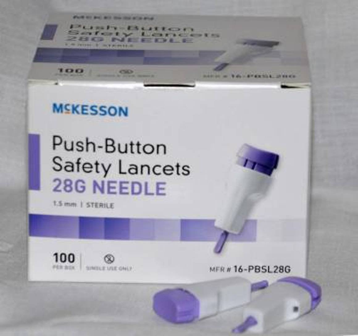 McKesson 16-PBSL28G - Lancet Needle, Push Button Activation, Fixed Depth Lancet, Retractable, Sterile, Disposable, Purple - 28 Gauge, 1.5 mm Depth, Box of 100