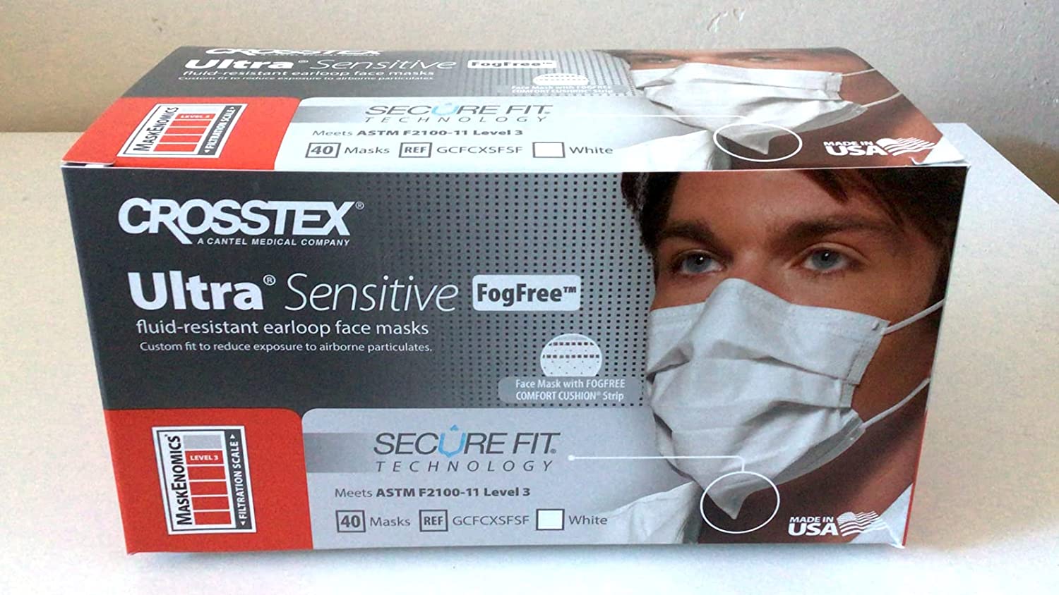 Crosstex Ultra Sensitive GCFCXSSF - Earloop Mask With Secure Fit Mask Technology,  ASTM Level 3,  Hypoallergenic, Latex-Free Inner Cellulose Layer, White - One Size Fits Most, Box of 50