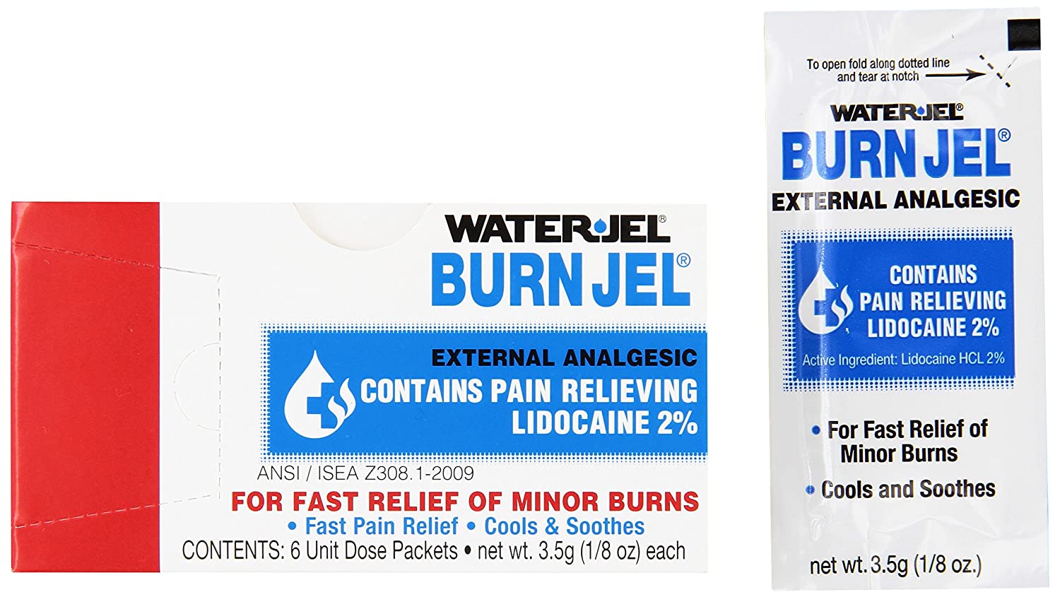 Water Jel Burn Jel 100U-6.00.000 - Burn Relief Topical Gel, 2% Lidocaine, Individual Packet - 3.5 gm., Box of 6