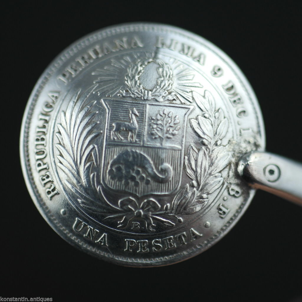 Antique 1880 solid silver coin spoon Republica Peruana Lima Una Peseta Peru