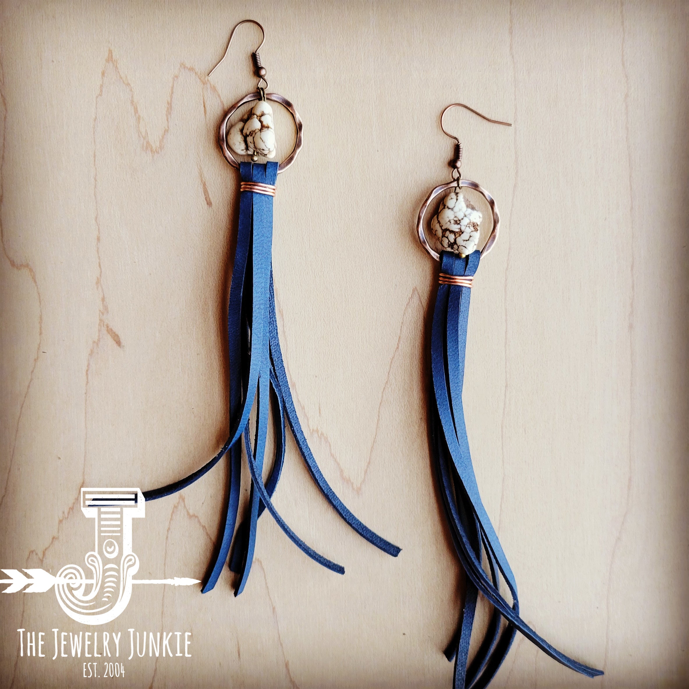 **Turquoise Drop Earrings w/ Navy Leather Tassel 207w