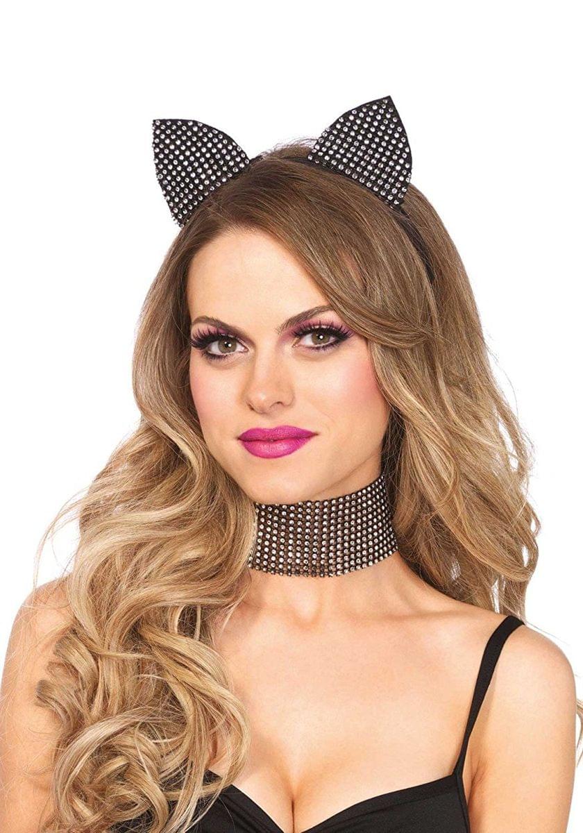 Rhinestone Cat Headband & Chocker Costume Accessory