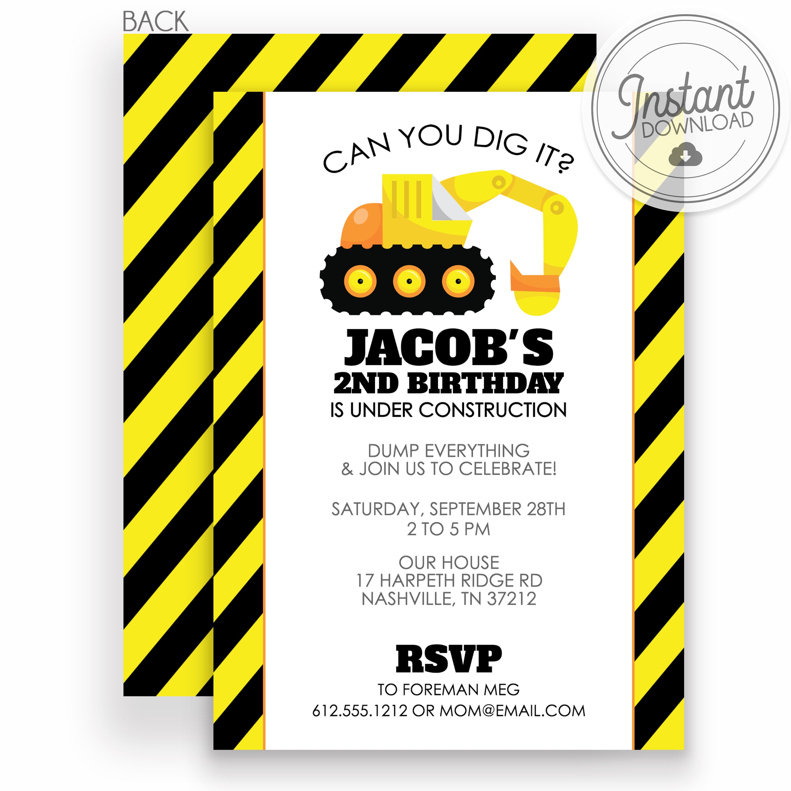 Backhoe Birthday Invitations (DIY Printable)