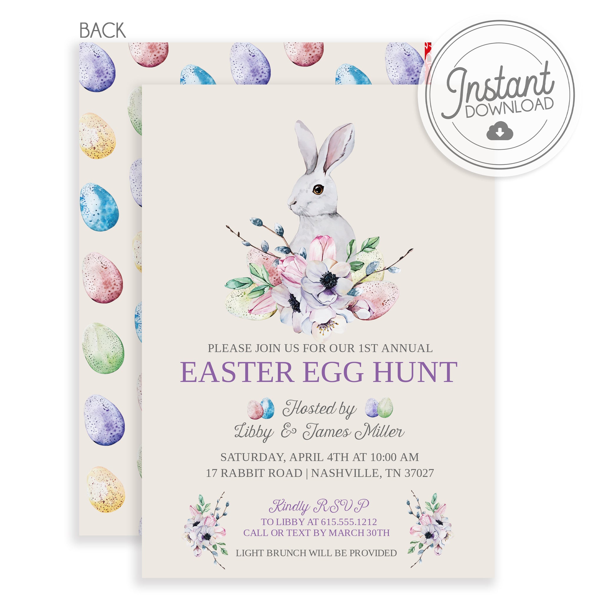 Easter Egg Hunt Invitation, Floral Bunny (DIY)