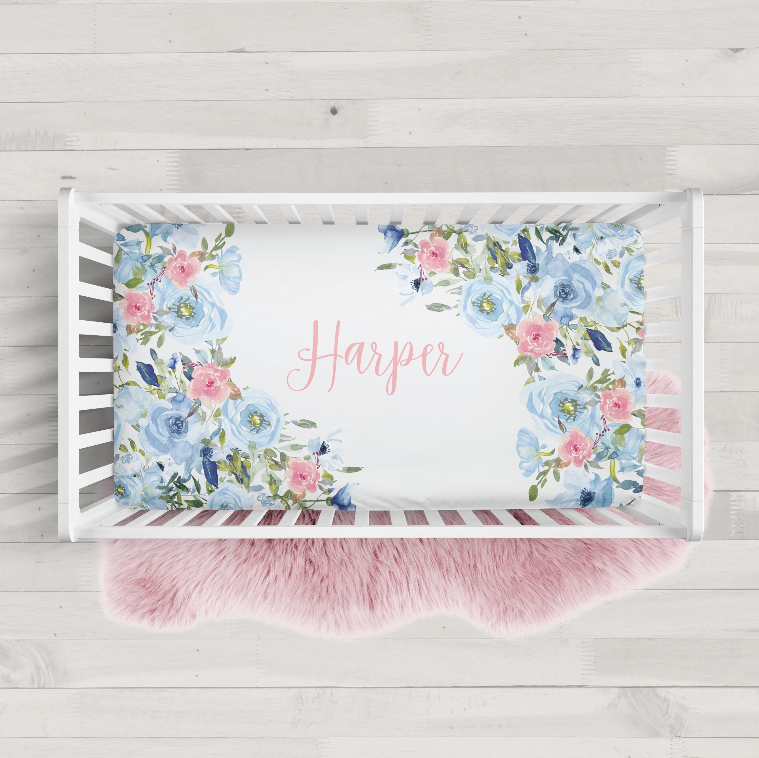 Blue and Pink Floral Personalized Crib Sheet