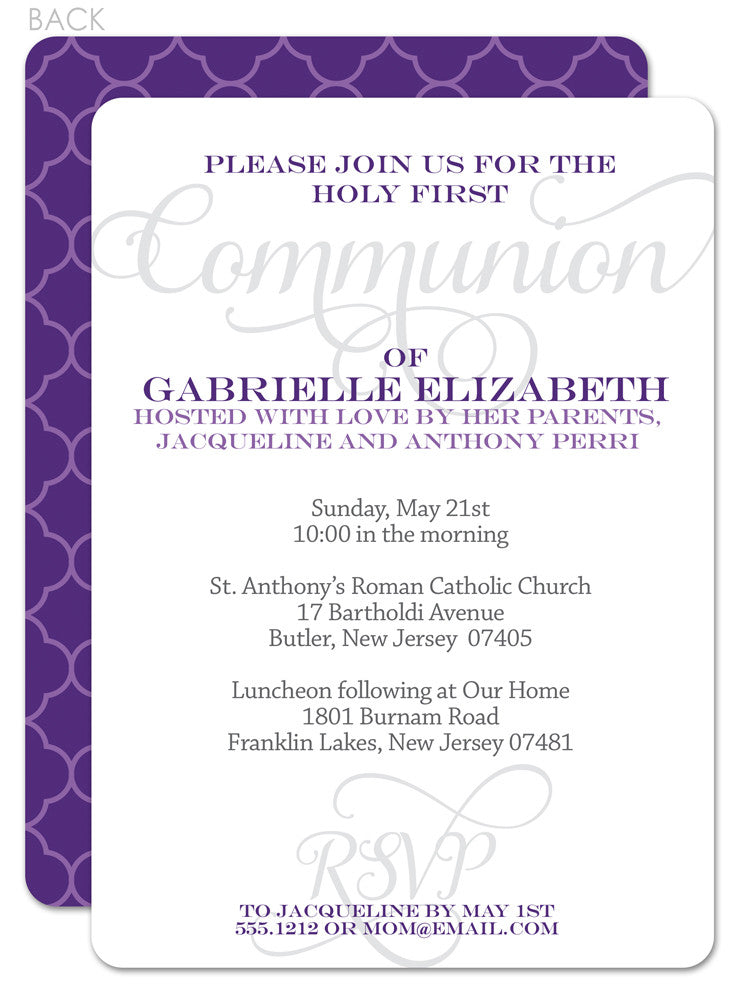 Script Purple First Communion Invitation