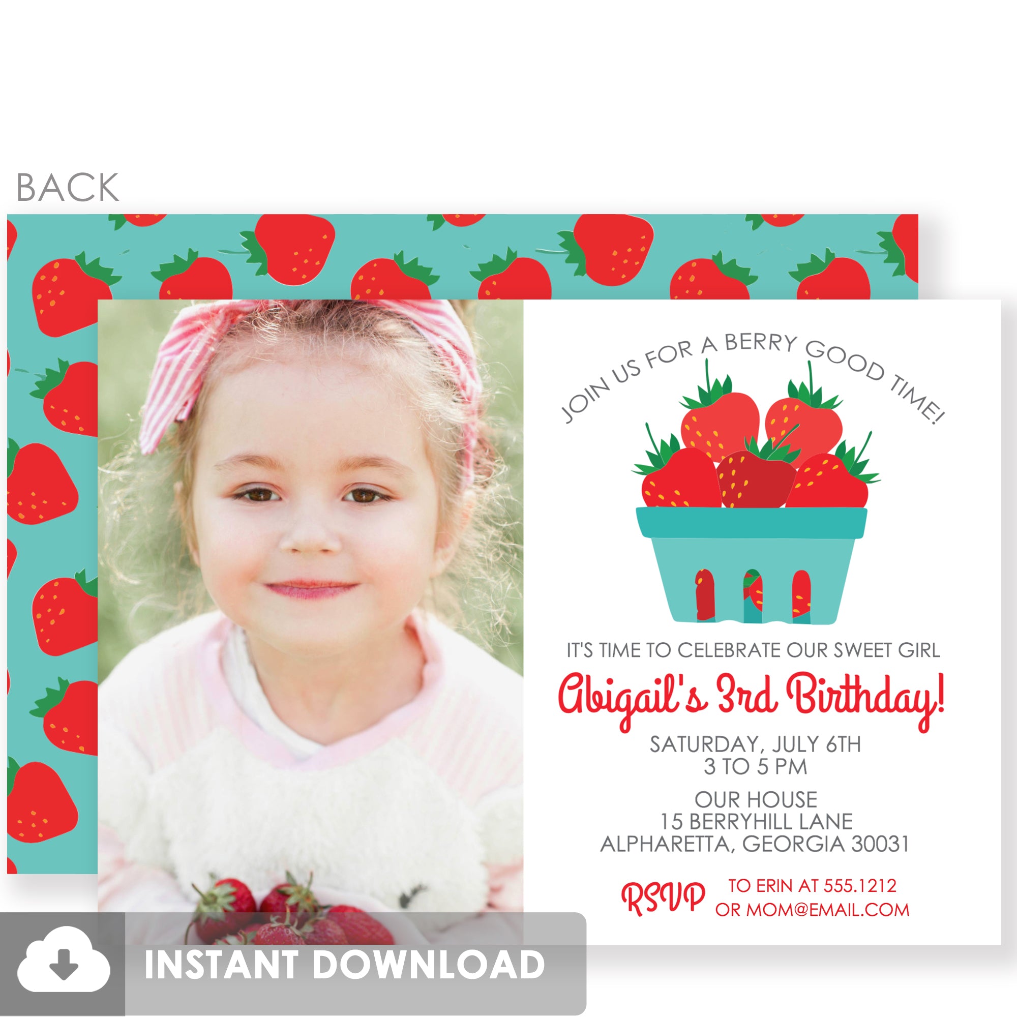 Strawberry Invitation with Photo (DIY Printable)