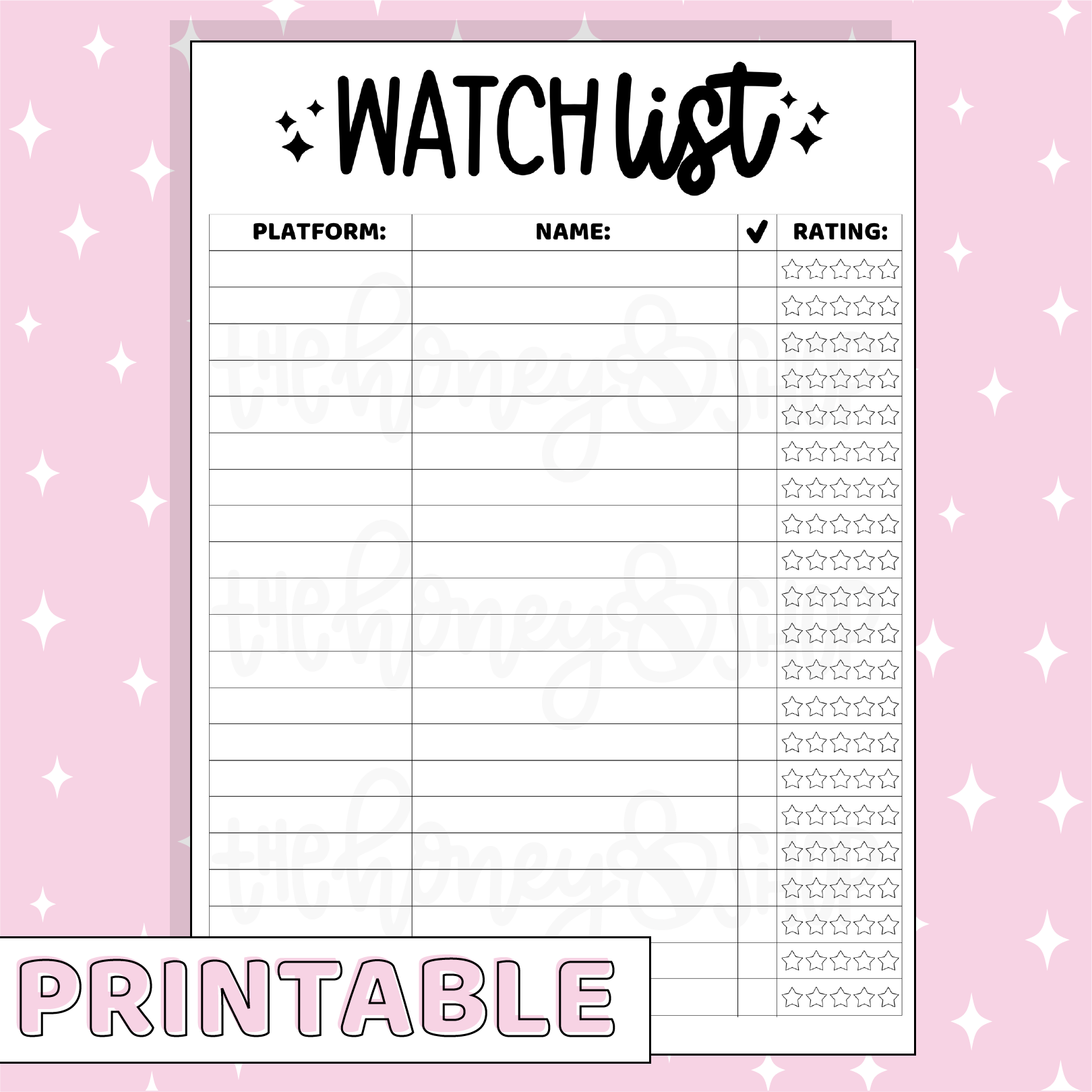 Watch List Printable Bee-6 Full Page Sticker | B6 Planner | Printable Planner Stickers