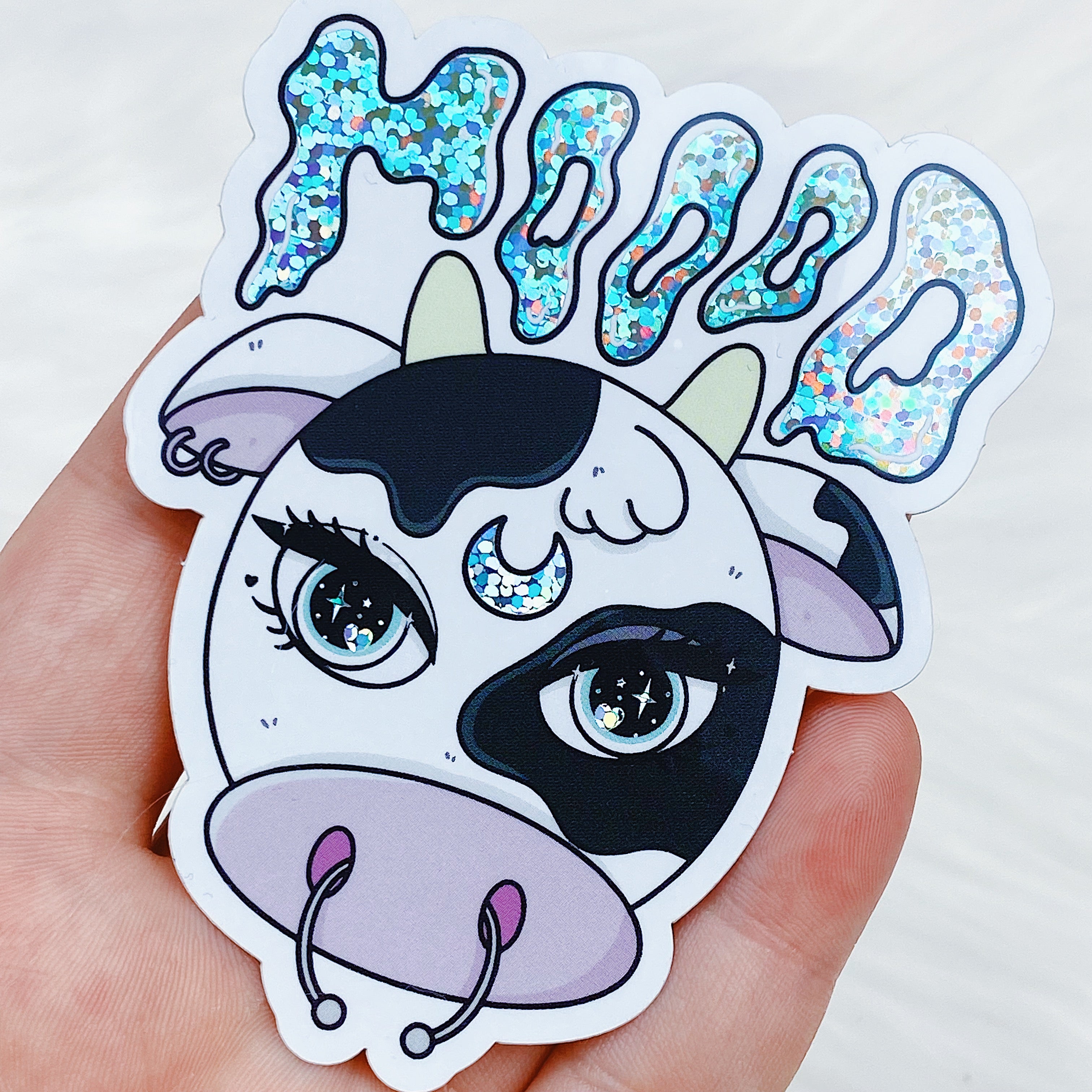 Moood Space Cow Vinyl Sticker Die Cut | Holographic Glitter