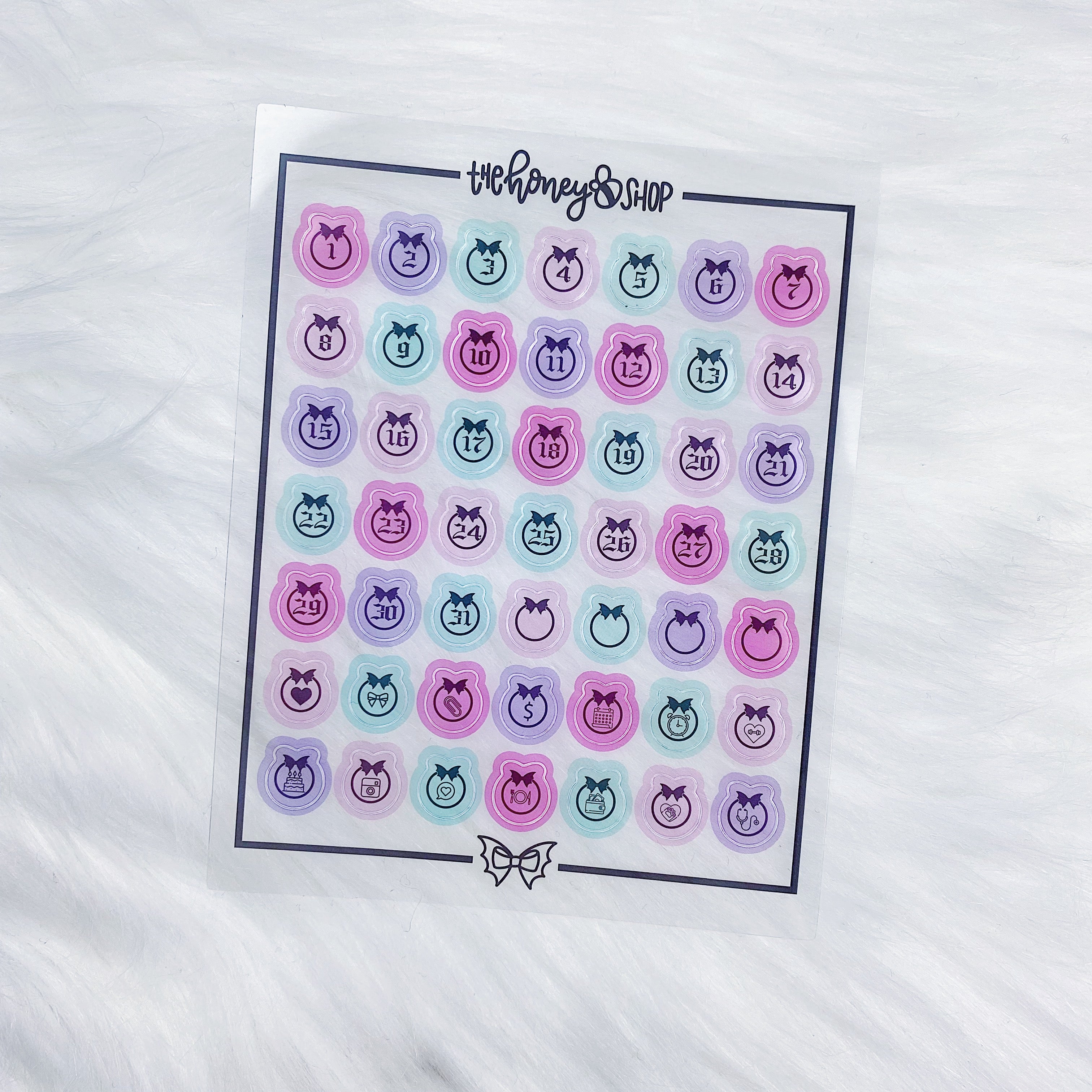 Clear Bat Bow Date + Icon Sticker Sheet