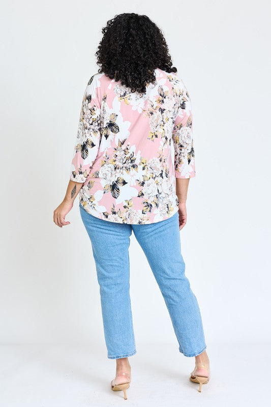 Plus Size Pink Floral Print Bottom Knot Tunic Top