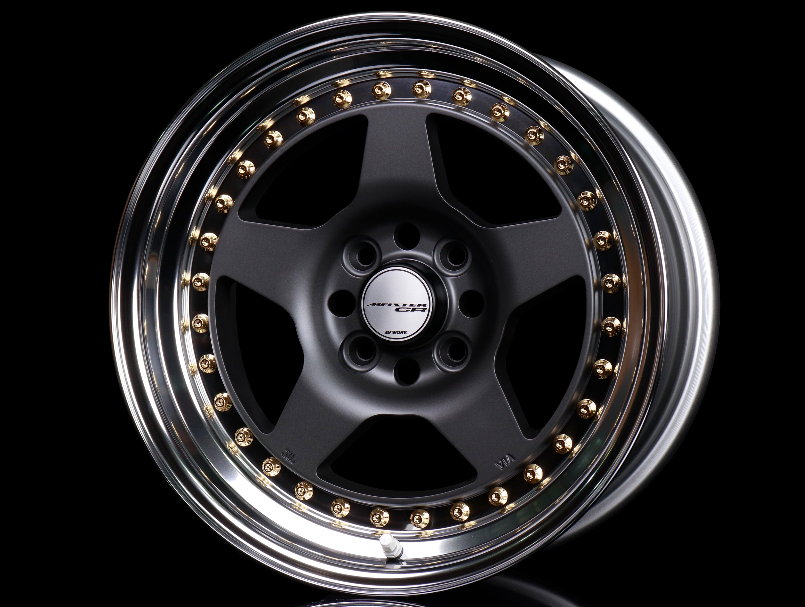  Work Meister CR 01 3-Piece Wheels - Matte Gunmetal w/ Polished Lip + Gold Hardware - 15x8 / 4x100 