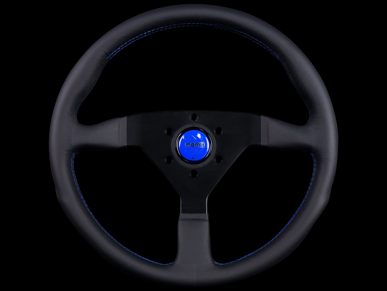  Momo Monte Carlo Steering Wheel - Black Leather w/ Blue Stitch 