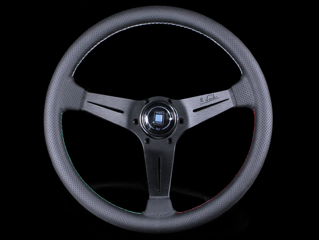  Nardi Sport Rally Deep Corn Quad Steering Wheel - Black Perforated / Red/Green/White Stitch 