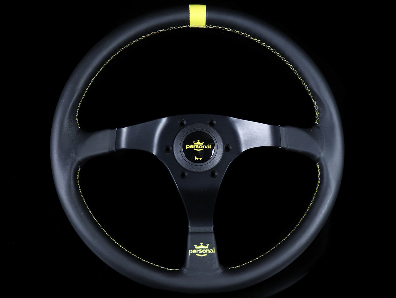  Personal Trophy 350mm Steering Wheel - Black Leather / Yellow Stitch 