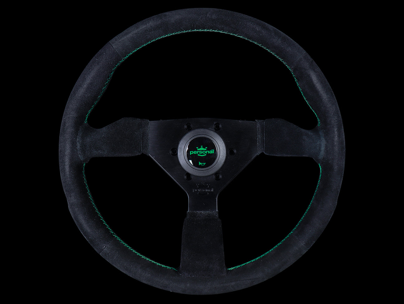  Personal Neo Grinta 350mm Steering Wheel - Black Suede / Green Stitch 