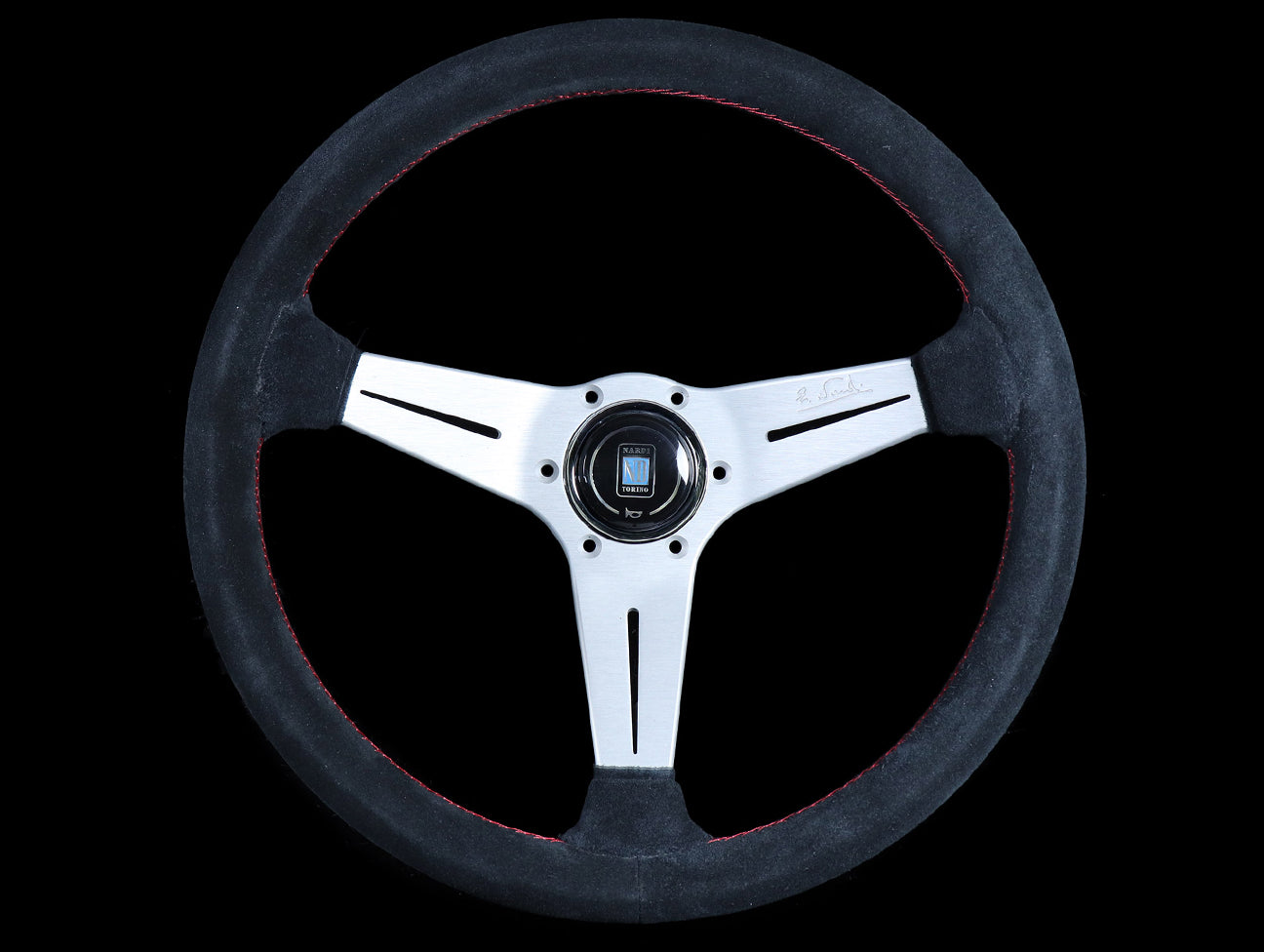  Nardi Deep Corn Sport Rally Steering Wheel w/ Silver Spokes - 350mm Black Suede / Red Stitch 