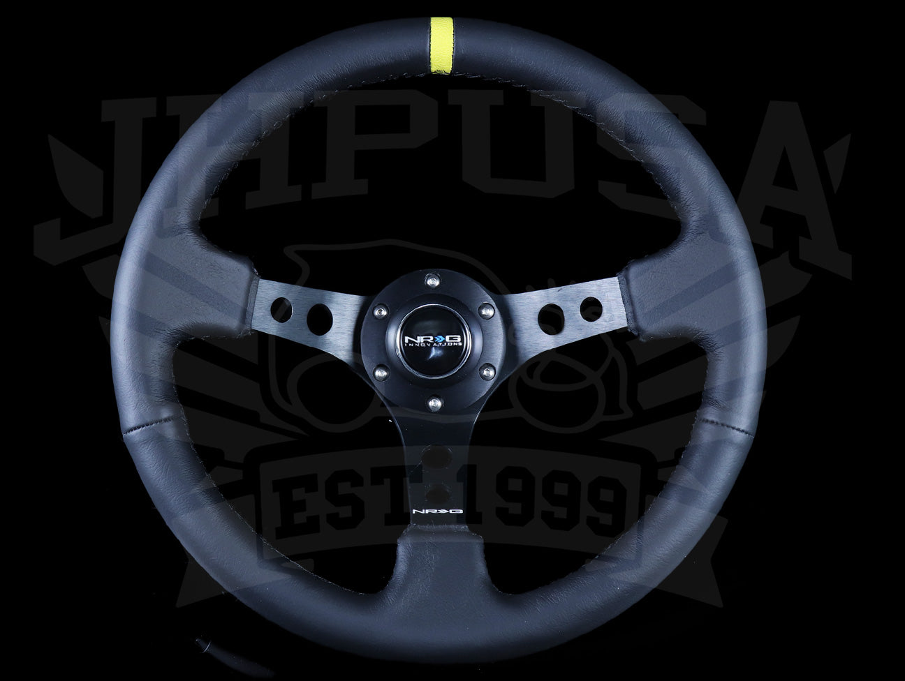  NRG Deep Dish Sport Steering Wheel - 350mm Black Leather / Yellow Marker / Black Stitch 