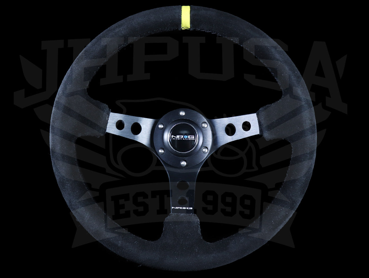  NRG Deep Dish Sport Steering Wheel - 350mm Black Suede / Yellow Marker / Black Stitch 