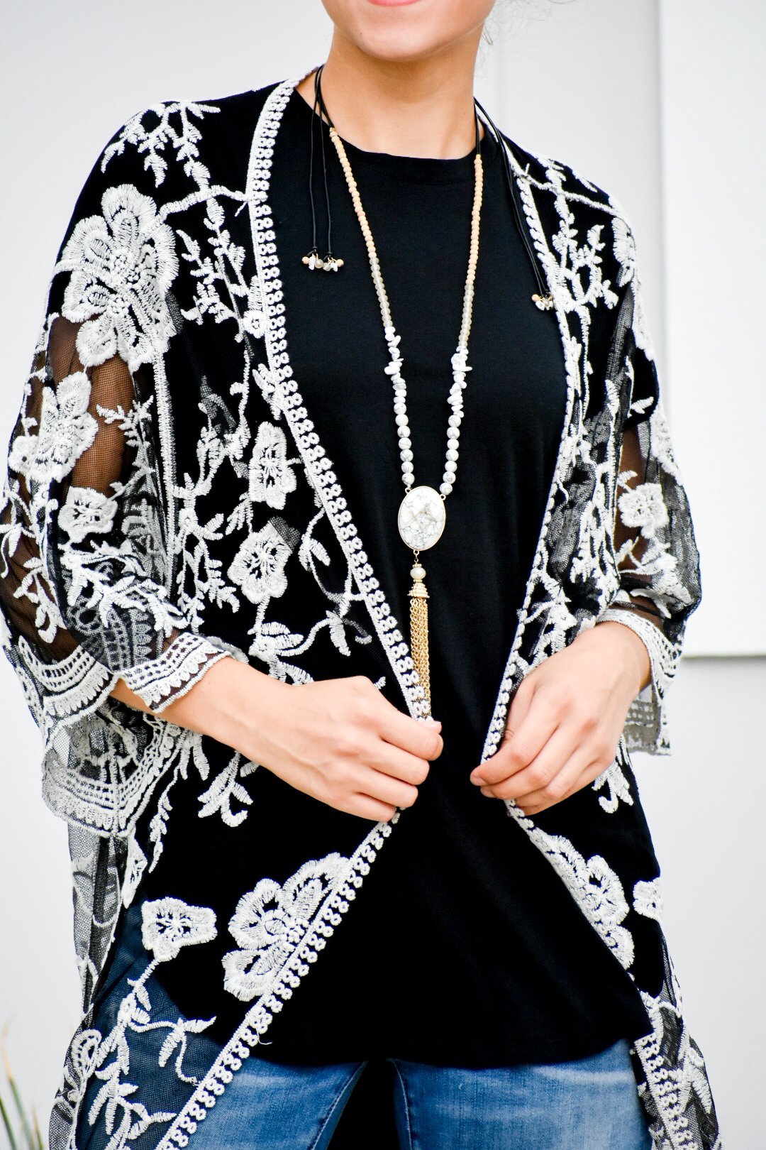 I Will Follow Black and White Embroidered Duster Cardigan