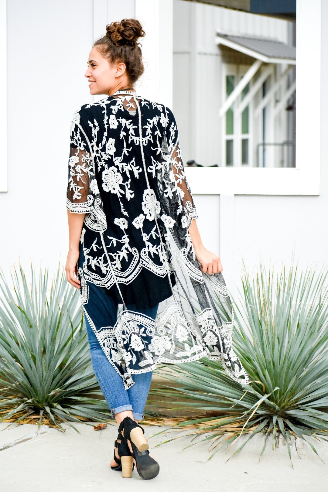 I Will Follow Black and White Embroidered Duster Cardigan