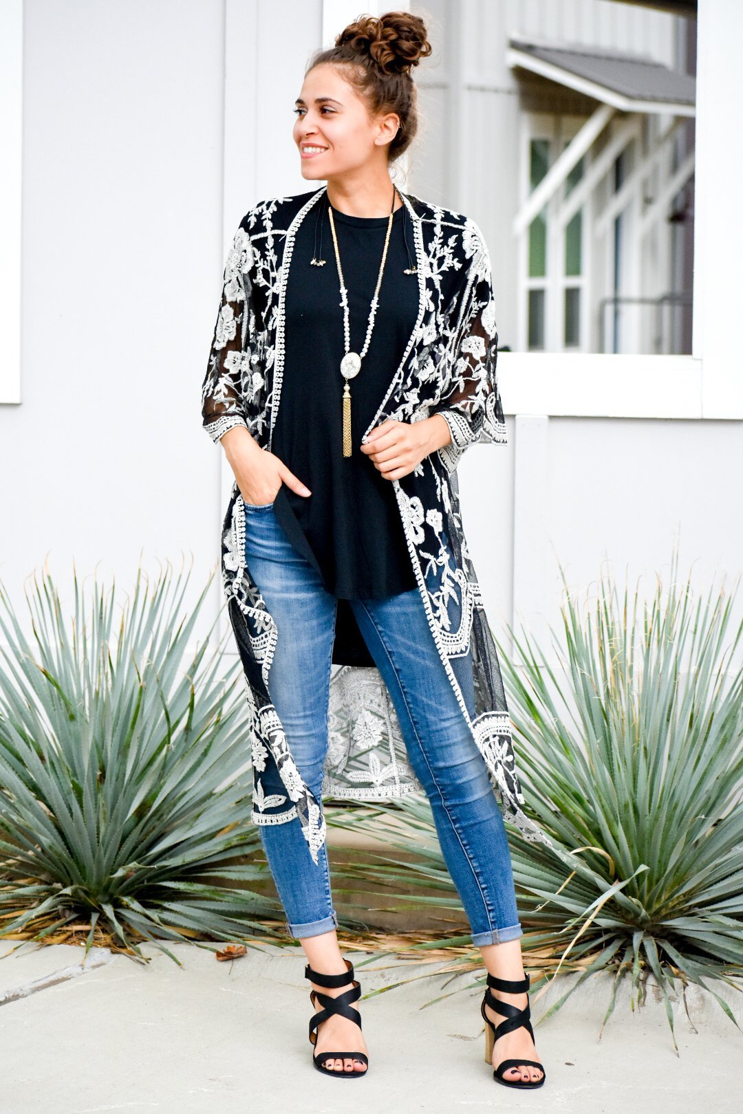 I Will Follow Black and White Embroidered Duster Cardigan