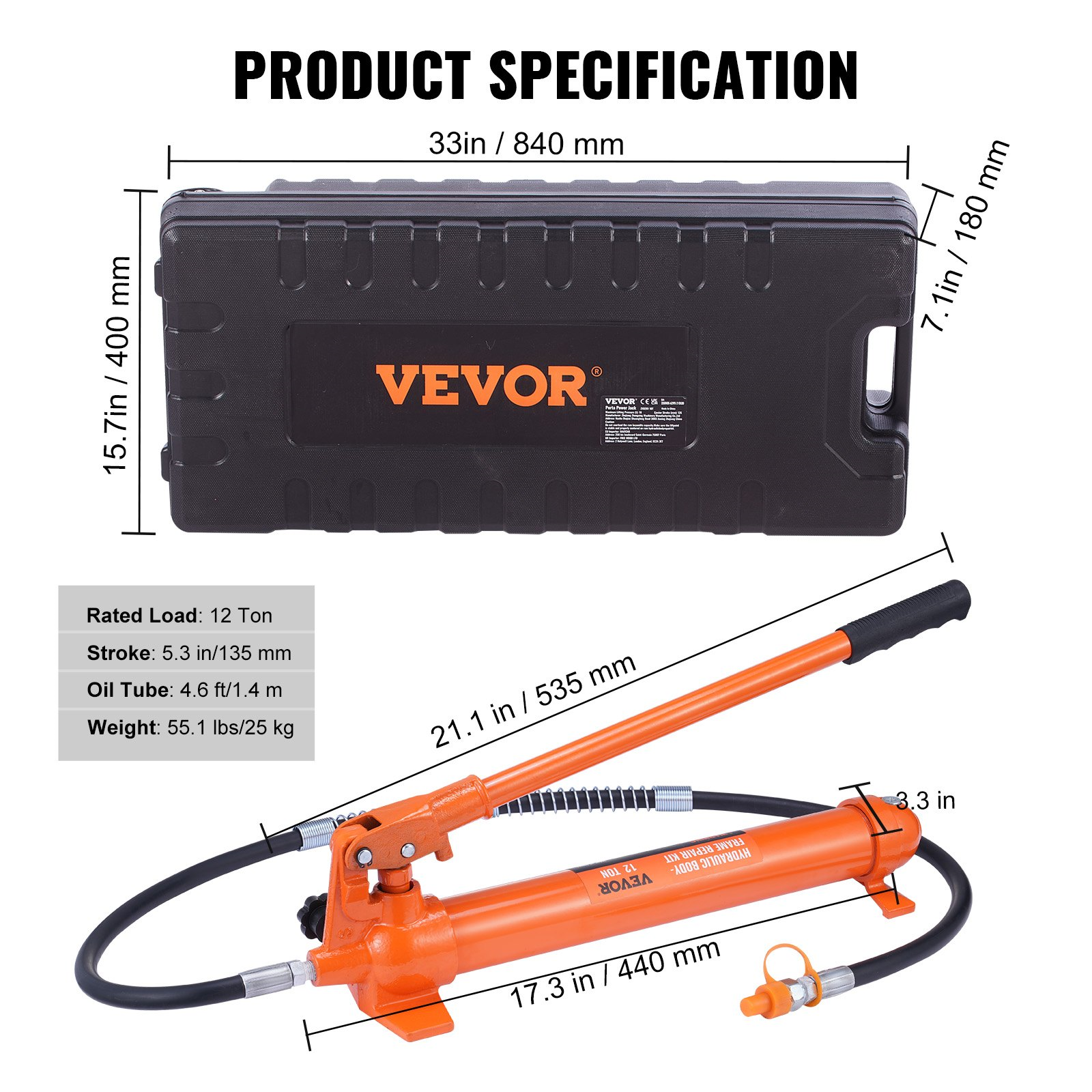 Vevor 12 Ton Porta Power Kit Hydraulic Ram With Pump Car Jack With 4.6 ft Oil Hose And Storage Case New