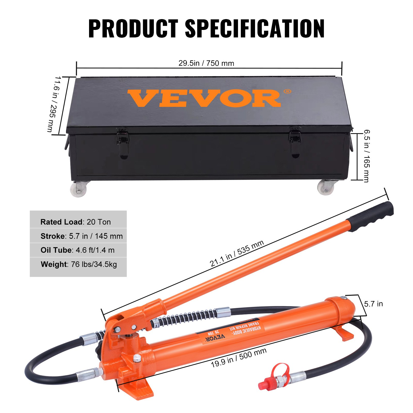 Vevor 20 Ton Porta Power Kit Hydraulic Ram With Pump Car Jack With 4.6 ft Oil Hose And Storage Case New