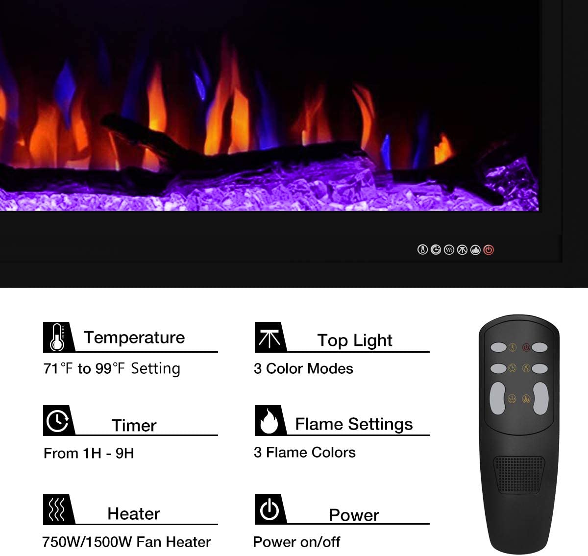 Valuxhome BI74 74 in. 750/1500W Recessed and Wall Mounted Electric Fireplace with Remote LED Lights Logs and Crystals Black New