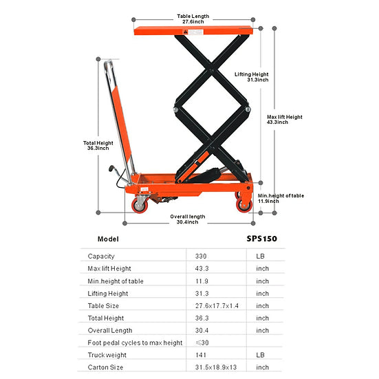 Tory Carrier LTD330 Double Scissor Lift Table Cart 330 lbs Capacity 43.3