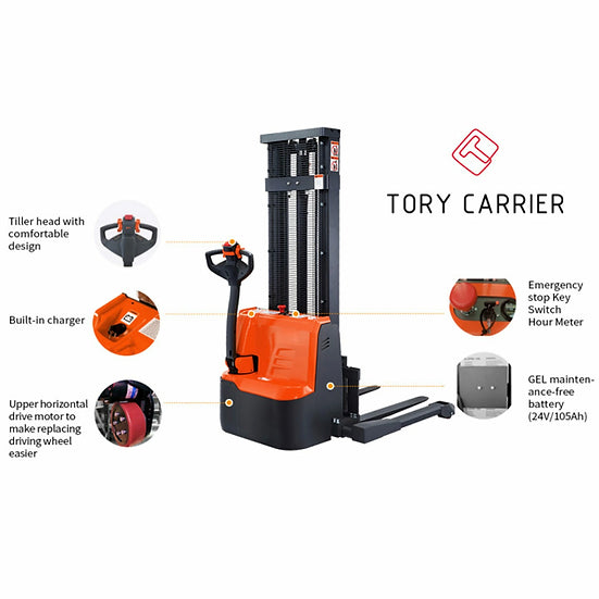 Tory Carrier ESS22RE-19-98 Full Electric Walkie Pallet Stacker with Adjustable Legs 2200 lbs. Capacity 98