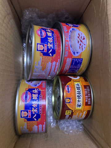 亮亮妈转运到英国的3罐上海梅林八宝饭罐头和1罐蜜汁烤麸罐头