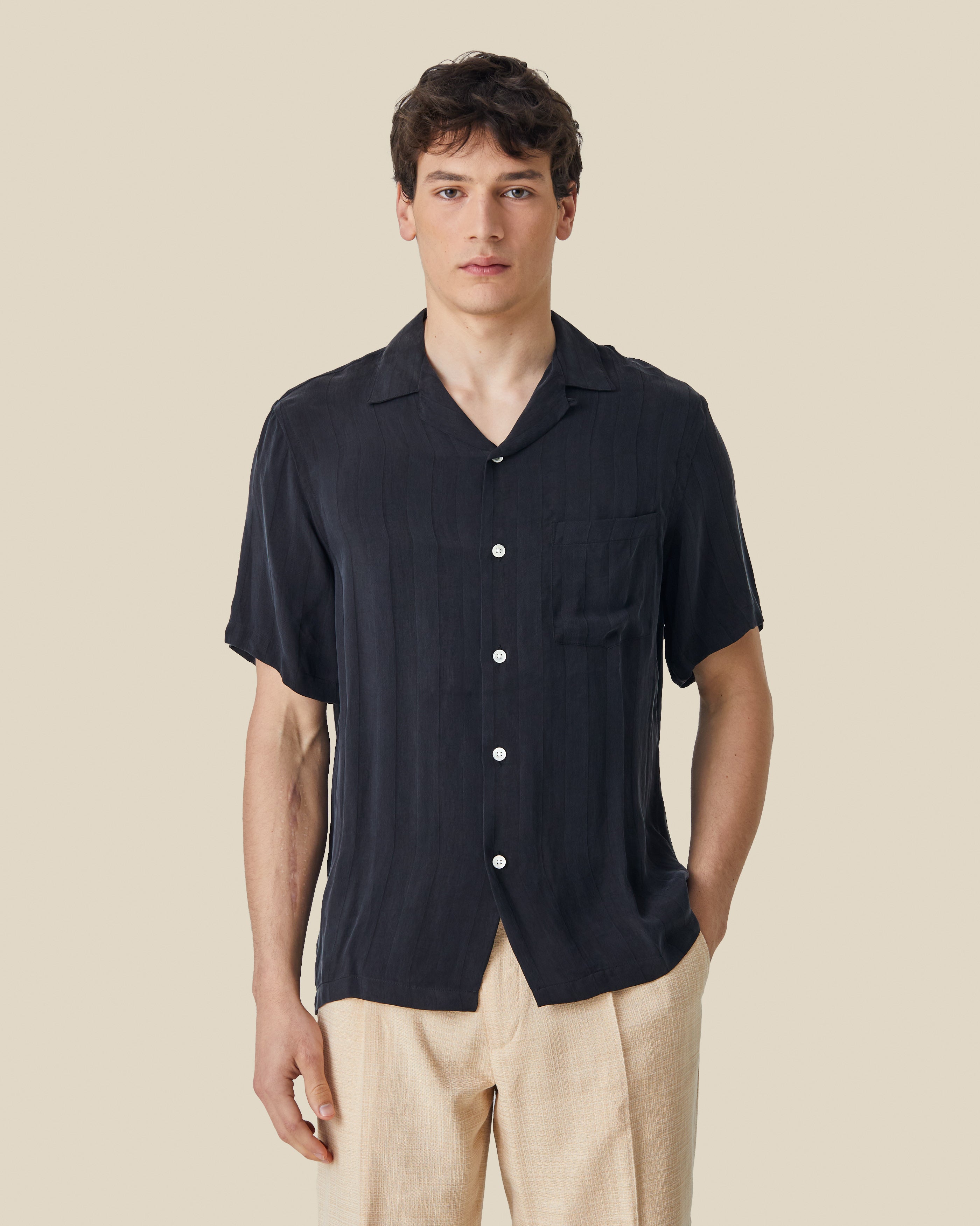 Portuguese Flannel - Cupro Stripe Shirt - Black