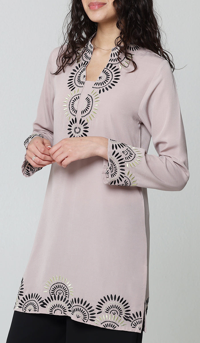  Maha Gold Embellished Long Modest Tunic - Blush 