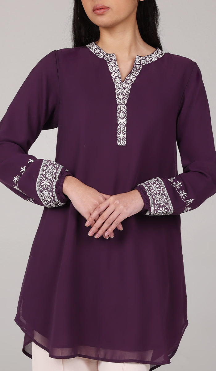  Amalie Embroidered Long Modest Tunic - Eggplant 