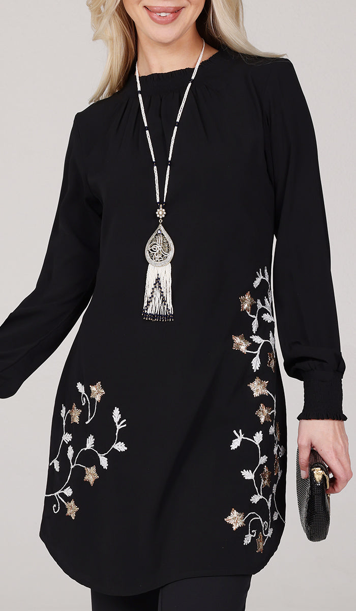  Amina Embroidered Formal Long Modest Tunic - Black 