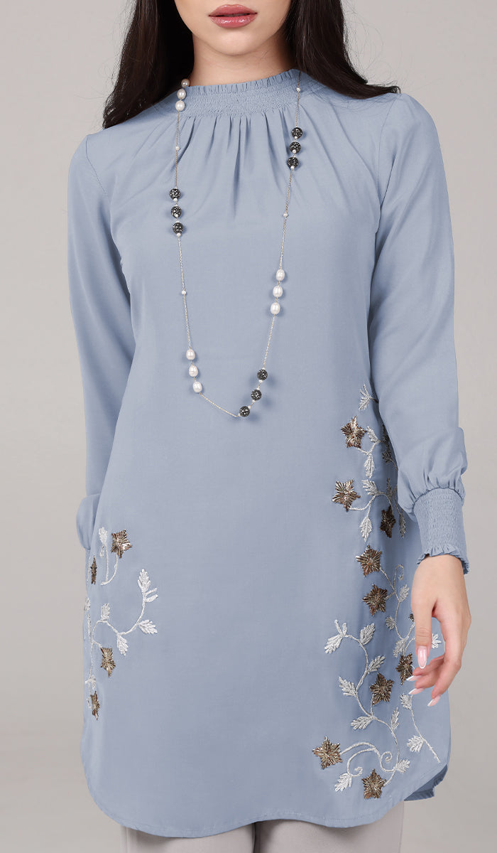  Amina Embroidered Formal Long Modest Tunic - Powder Blue 