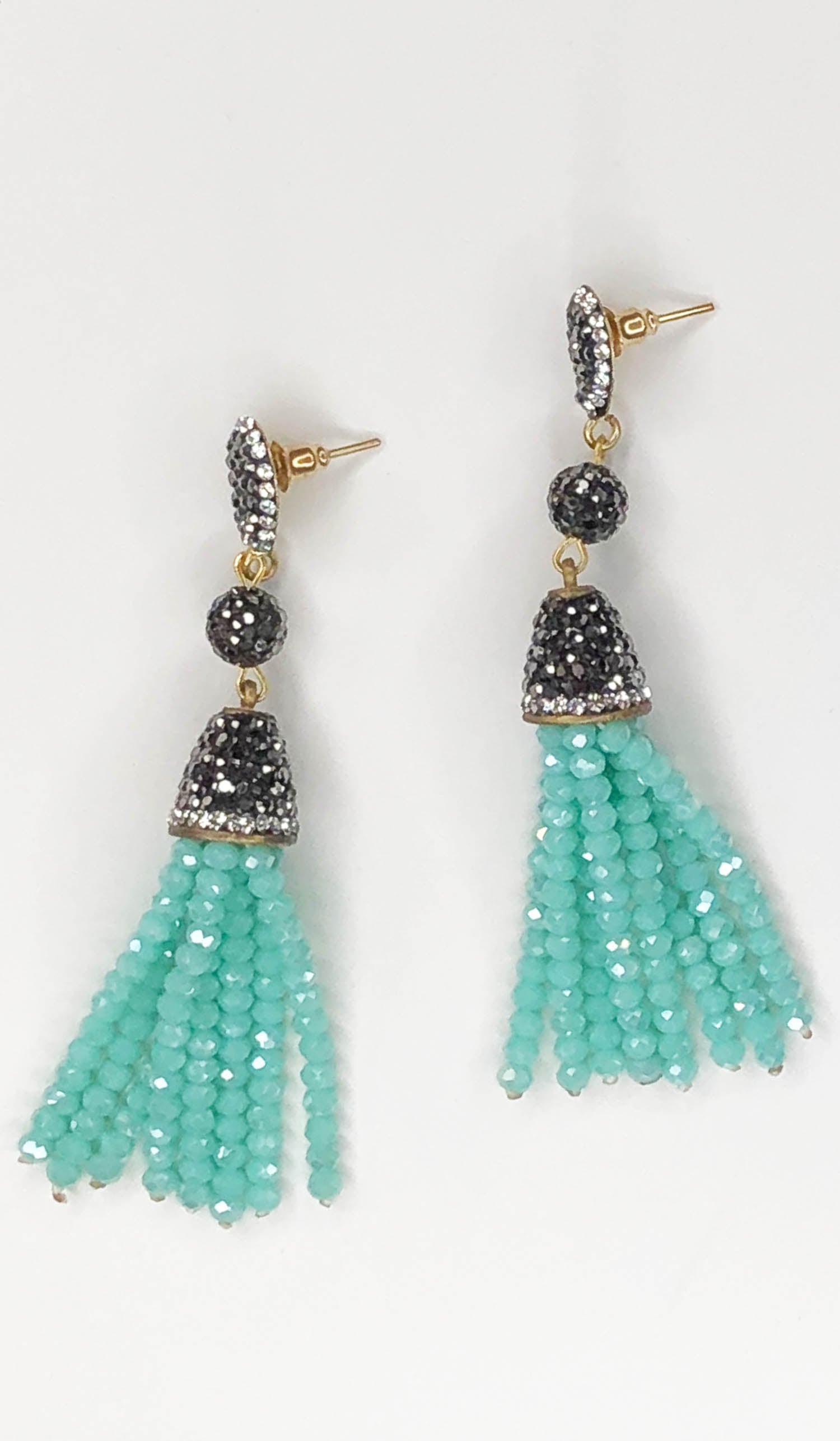  Aqua Blue Crystal Turkish Tassel Earrings 