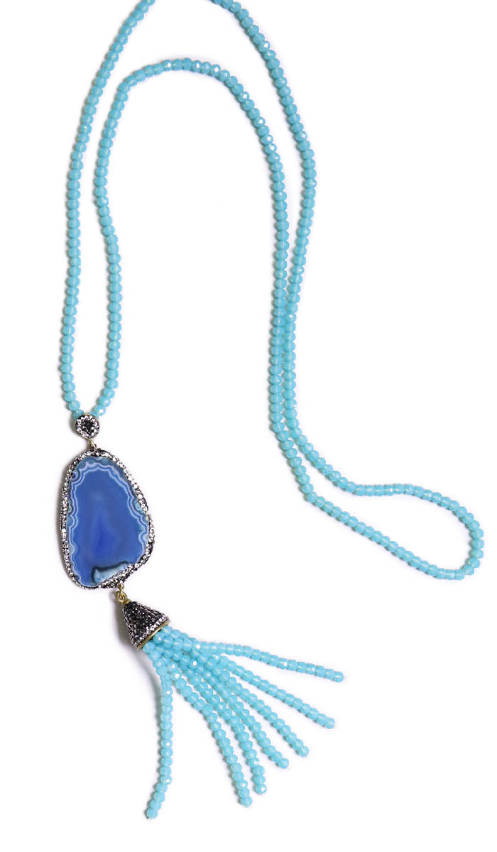  Artisan Natural Geode Tassel Necklace - Sky Blue Agate 