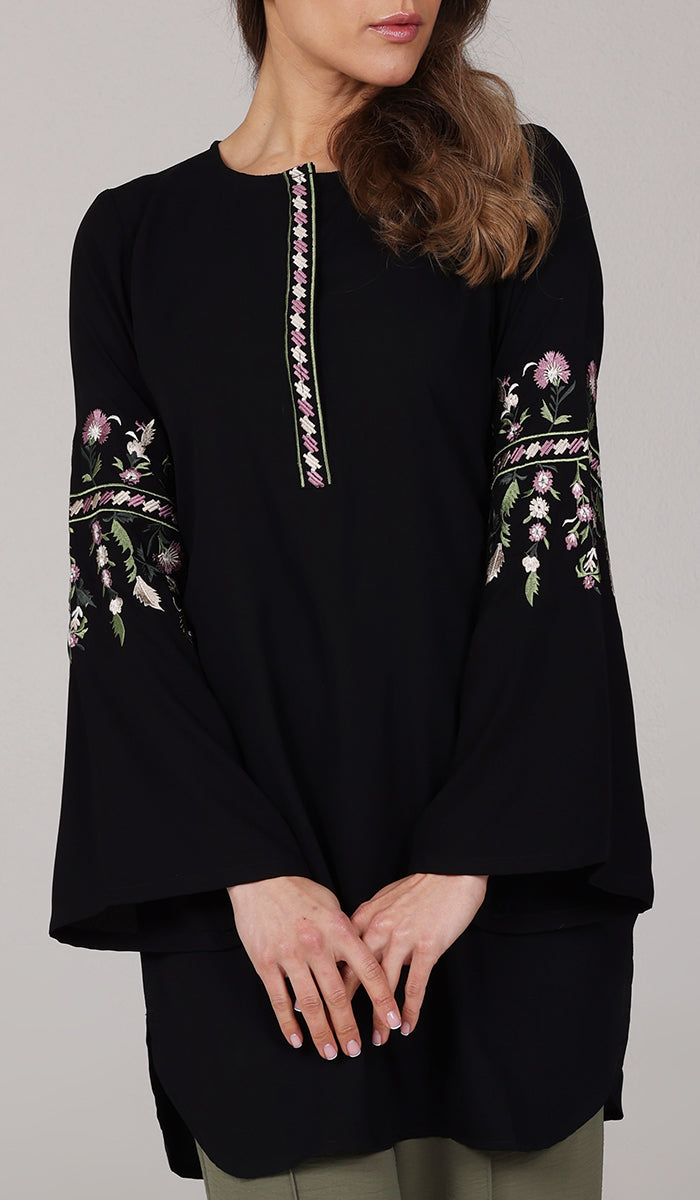  Gulzar Embroidered Long Modest Tunic - Black 