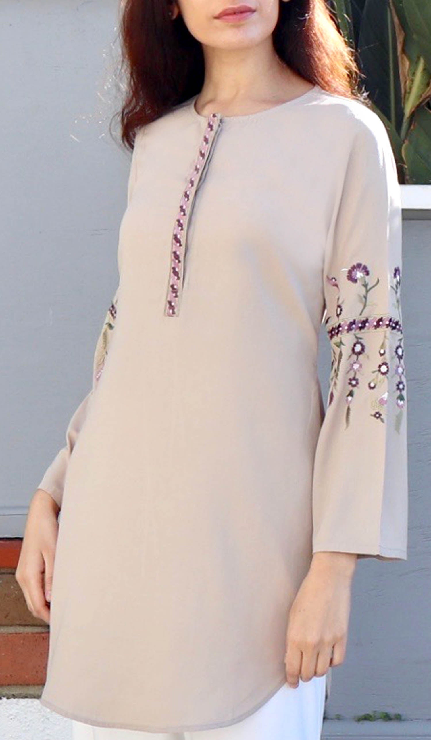  Gulzar Embroidered Long Modest Tunic - Latte 