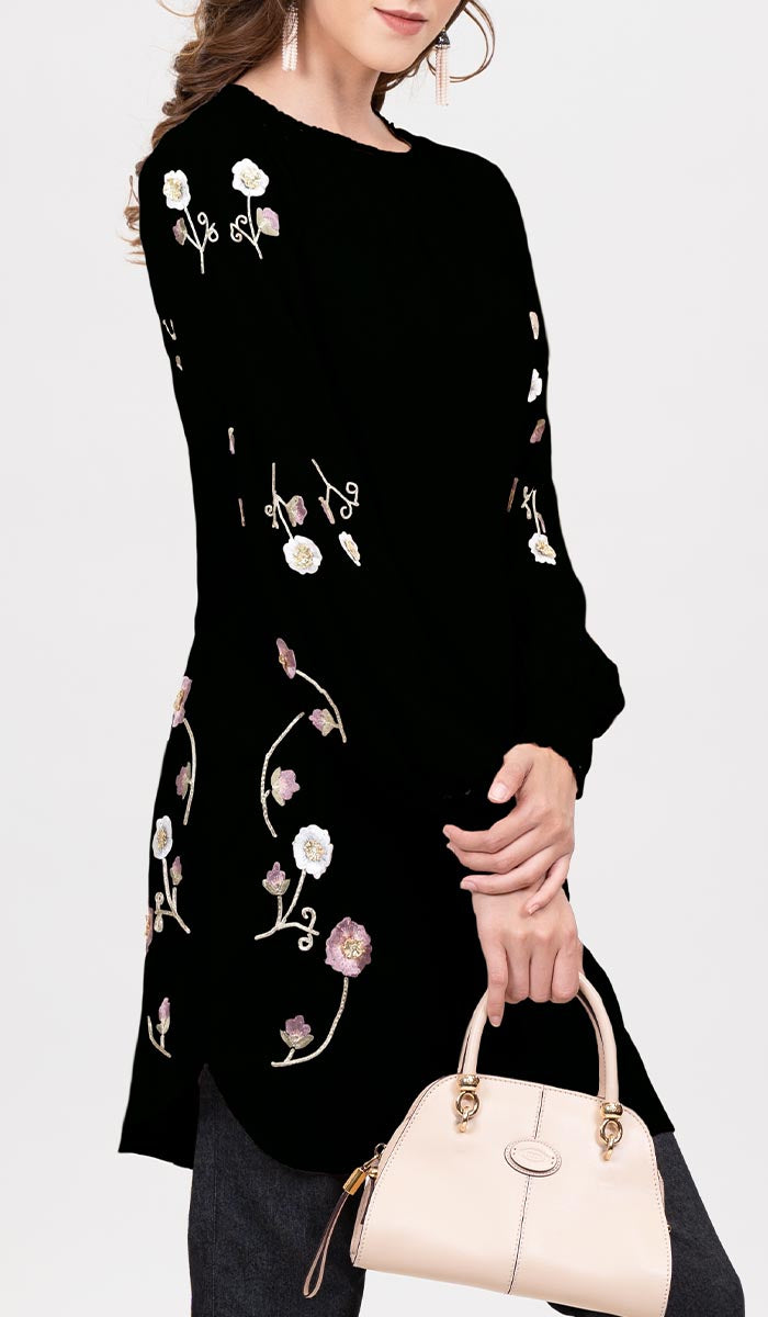  Iman Embroidered Formal Long Modest Tunic - Black 