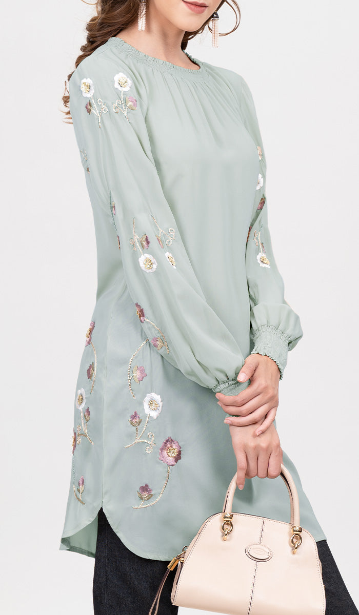  Iman Embroidered Formal Long Modest Tunic - Sage 