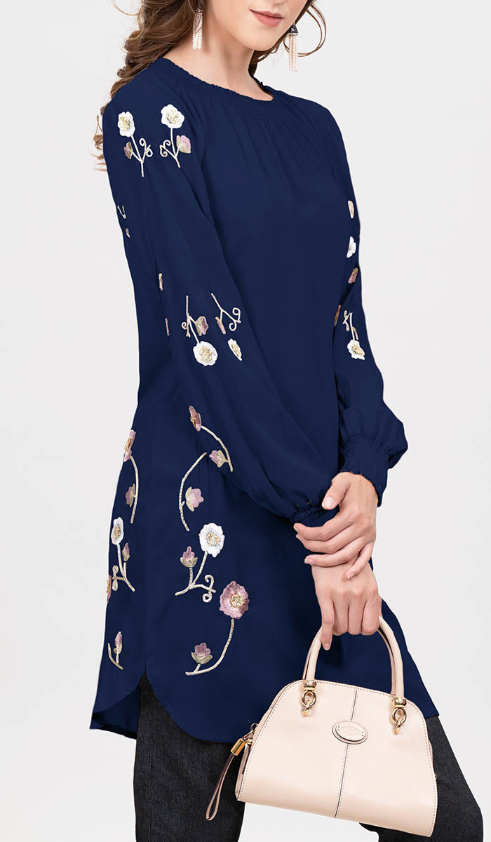  Iman Embroidered Formal Long Modest Tunic - Navy 