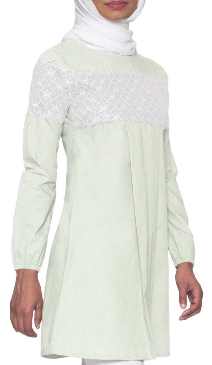  Leena Long Lace Accent Fine Cotton Tunic - Ice Green - FINAL SALE 