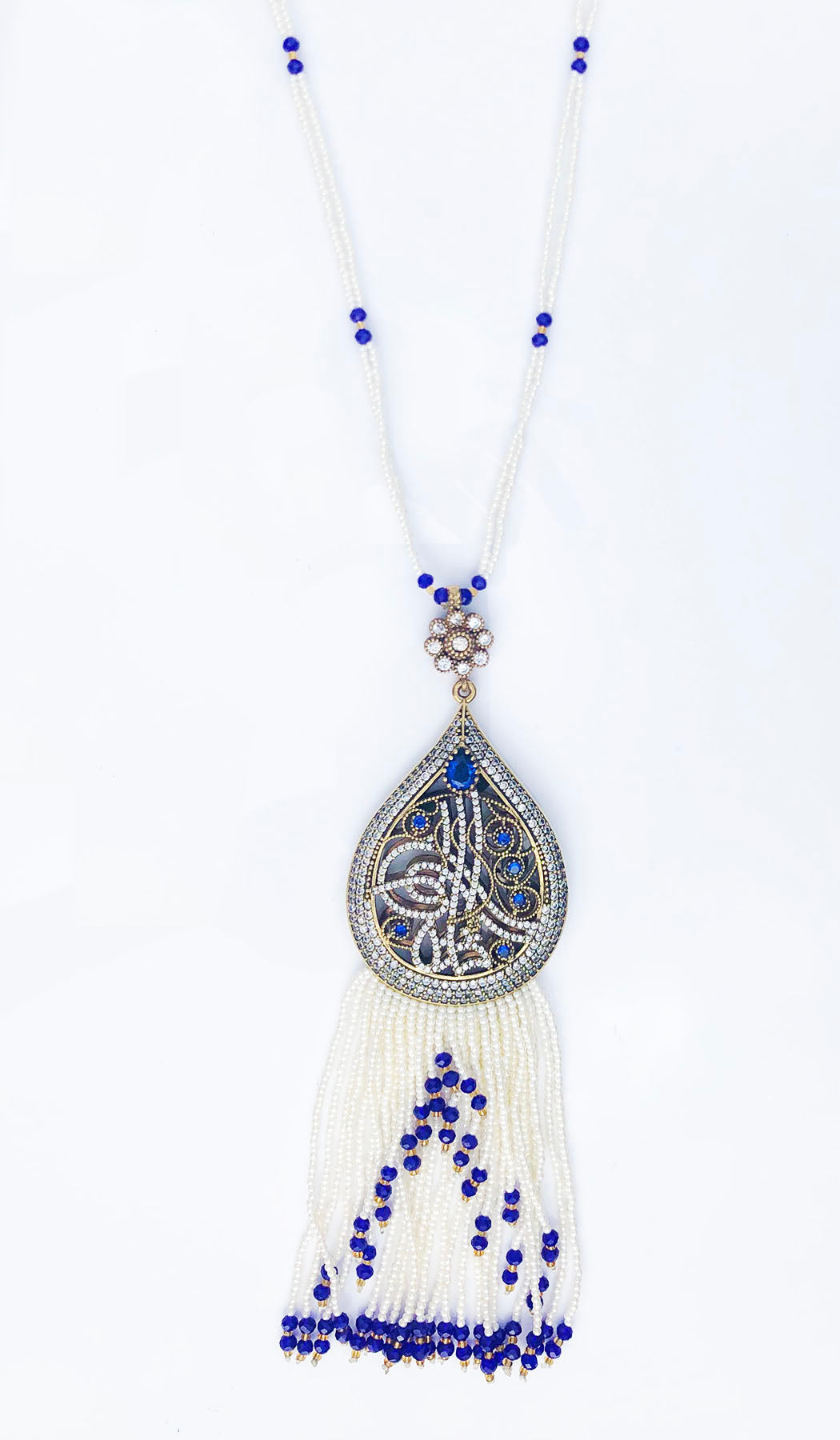  Long Turkish Tughra Tassel Necklace - White & Royal Blue 