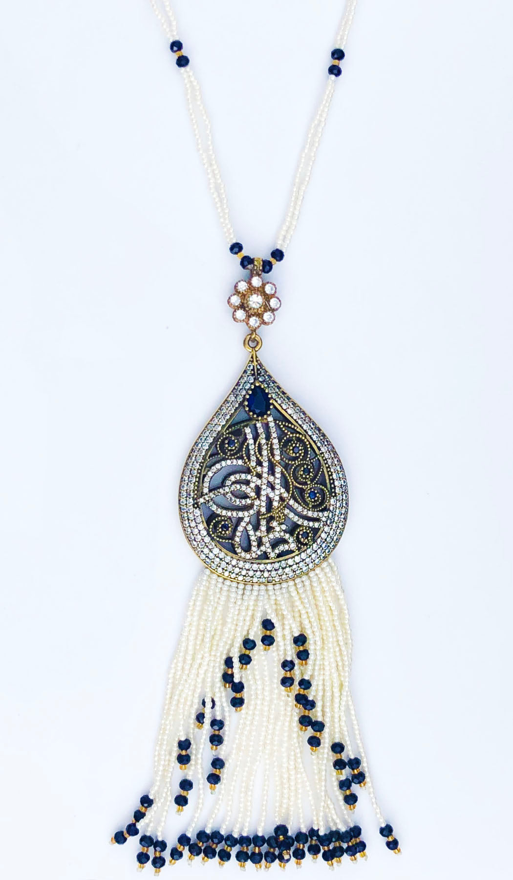  Long Turkish Tughra Tassel Necklace - White & Dark Blue 