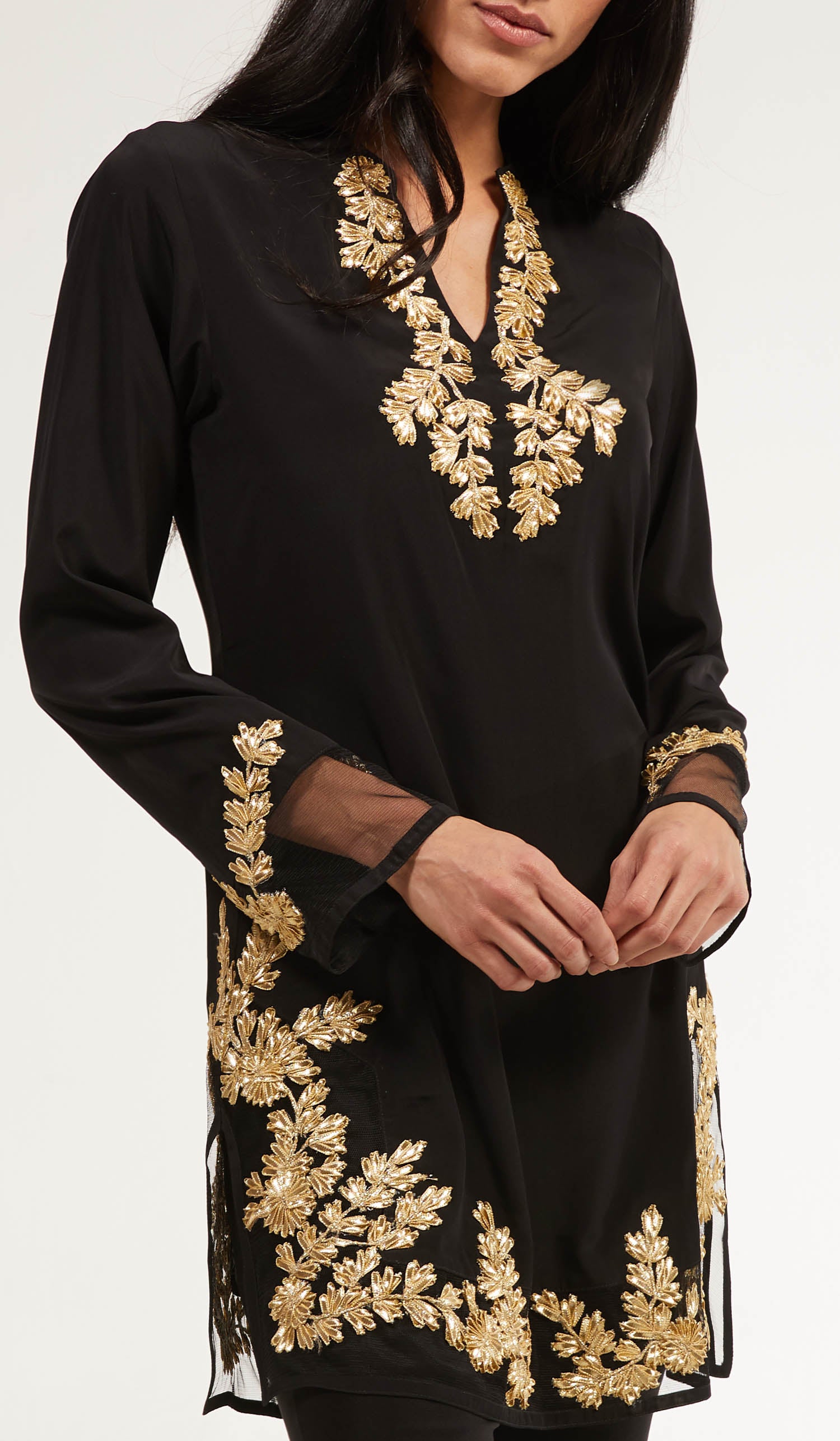  Mahnaz Gold Embellished Long Modest Tunic - Black 